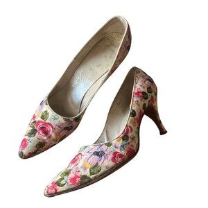 Vintage 1950s David Evins Floral Print Pumps 50s 60s Heels Size 8 AAA Narrow